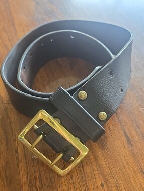 Black Leather Belt Solid Brass Buckle 44 Adjustable Matching Strap Harness